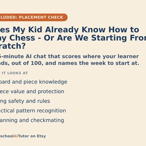 Peut inclure: Un graphique informatif beige clair avec du texte bleu fonc&eacute; intitul&eacute; Does My Kid Already Know How to Play Chess - Or Are We Starting From Scratch? Il d&eacute;crit une &eacute;valuation par chat IA de 15 minutes sur les connaissances, tactiques et r&egrave;gles d'&eacute;checs.