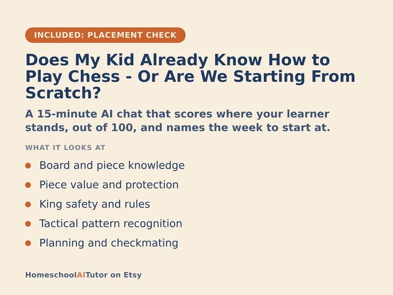 Peut inclure: Un graphique informatif beige clair avec du texte bleu fonc&eacute; intitul&eacute; Does My Kid Already Know How to Play Chess - Or Are We Starting From Scratch? Il d&eacute;crit une &eacute;valuation par chat IA de 15 minutes sur les connaissances, tactiques et r&egrave;gles d'&eacute;checs.