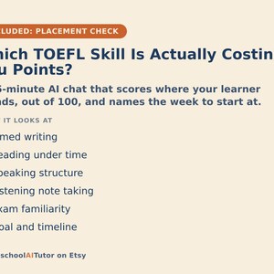 May include: A light beige informational graphic with dark blue text titled Which TOEFL Skill Is Actually Costing You Points? It describes a 15-minute AI chat that scores learners out of 100 and lists six skills including timed writing and speaking structure.