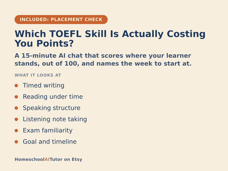 May include: A light beige informational graphic with dark blue text titled Which TOEFL Skill Is Actually Costing You Points? It describes a 15-minute AI chat that scores learners out of 100 and lists six skills including timed writing and speaking structure.