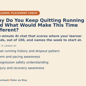 May include: A light beige informational graphic with dark blue text titled Why Do You Keep Quitting Running - And What Would Make This Time Different? It describes a 15-minute AI chat that scores running history, form, pacing, and injury recovery.