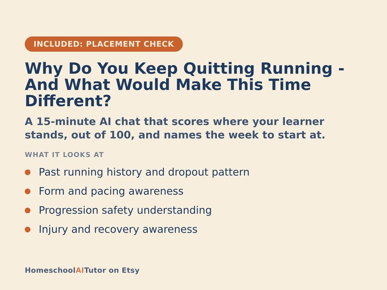May include: A light beige informational graphic with dark blue text titled Why Do You Keep Quitting Running - And What Would Make This Time Different? It describes a 15-minute AI chat that scores running history, form, pacing, and injury recovery.