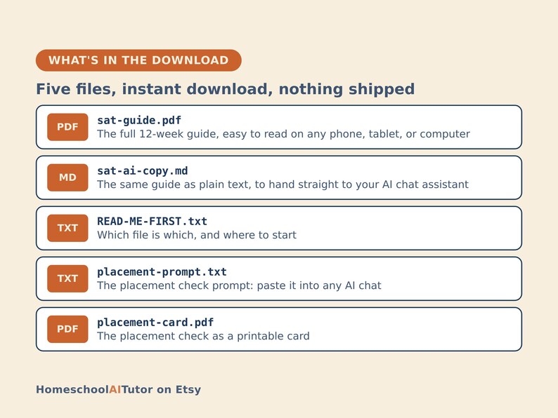 Pu&ograve; includere: Un elenco di download digitale con cinque file: sat-guide.pdf, sat-ai-copy.md, READ-ME-FIRST.txt, placement-prompt.txt e placement-card.pdf. Ogni voce include un'icona del tipo di file e una breve descrizione del suo contenuto.