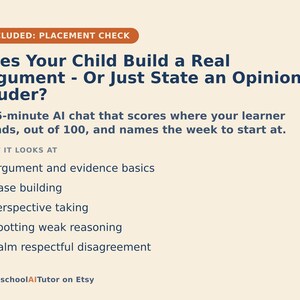 Peut inclure: Un graphique informatif beige avec du texte bleu fonc&eacute; intitul&eacute; Does Your Child Build a Real Argument - Or Just State an Opinion, Louder? Il d&eacute;crit un chat IA de 15 minutes qui &eacute;value les apprenants et liste des comp&eacute;tences comme l'argumentation, la construction de cas et la prise de perspective.