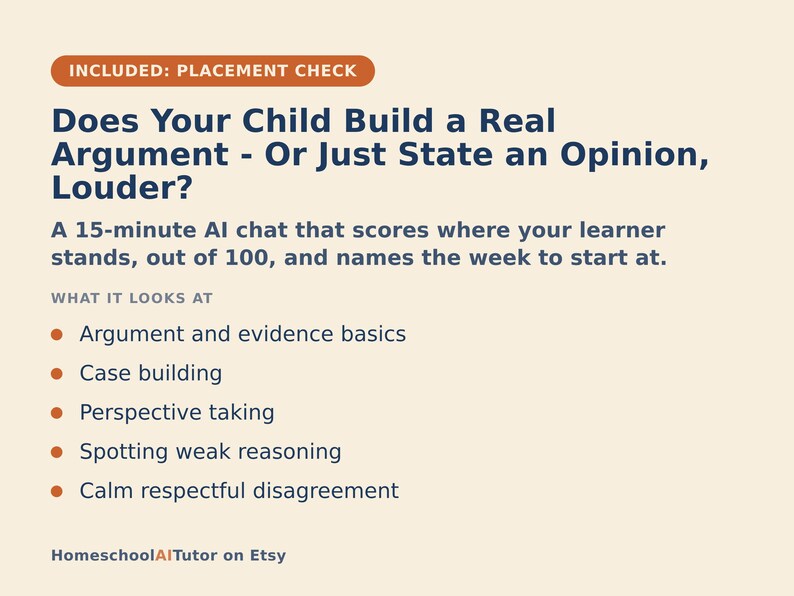 Peut inclure: Un graphique informatif beige avec du texte bleu fonc&eacute; intitul&eacute; Does Your Child Build a Real Argument - Or Just State an Opinion, Louder? Il d&eacute;crit un chat IA de 15 minutes qui &eacute;value les apprenants et liste des comp&eacute;tences comme l'argumentation, la construction de cas et la prise de perspective.
