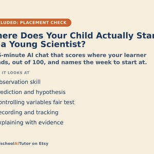 May include: An informational graphic titled Where Does Your Child Actually Stand as a Young Scientist? featuring a 15-minute AI chat description. It lists evaluation criteria including observation skill, prediction, hypothesis, variables, recording, and evidence.