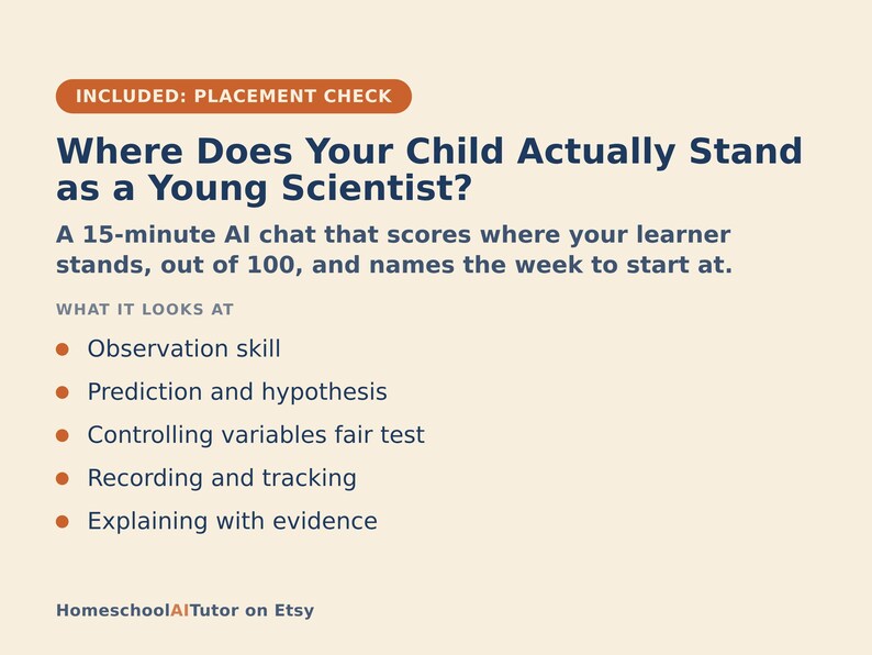 May include: An informational graphic titled Where Does Your Child Actually Stand as a Young Scientist? featuring a 15-minute AI chat description. It lists evaluation criteria including observation skill, prediction, hypothesis, variables, recording, and evidence.