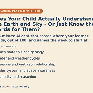 May include: A light beige informational graphic with dark blue text titled Does Your Child Actually Understand the Earth and Sky - Or Just Know the Words for Them? It describes a 15-minute AI chat and lists topics including geology, water cycles, seasons, and space.