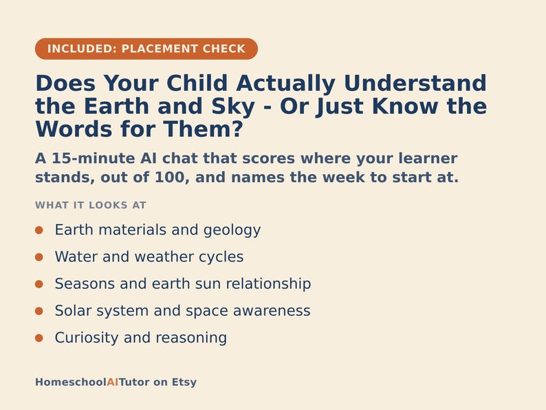 May include: A light beige informational graphic with dark blue text titled Does Your Child Actually Understand the Earth and Sky - Or Just Know the Words for Them? It describes a 15-minute AI chat and lists topics including geology, water cycles, seasons, and space.