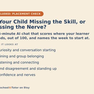Puede incluir: Un gr&aacute;fico informativo beige titulado INCLUDED: PLACEMENT CHECK. Plantea la pregunta Is Your Child Missing the Skill, or Missing the Nerve? y describe un chat de IA de 15 minutos que eval&uacute;a a los estudiantes sobre 100. Enumera cinco &aacute;reas de enfoque como la curiosidad y la confianza.