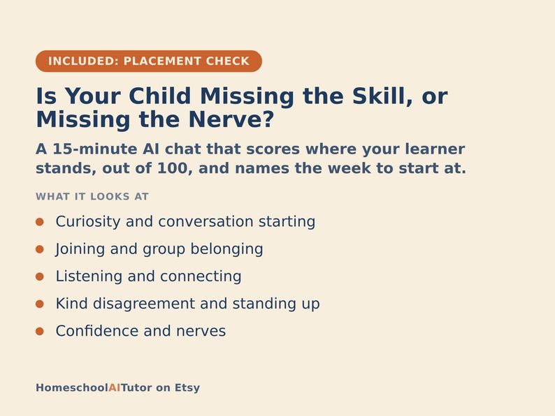 Puede incluir: Un gr&aacute;fico informativo beige titulado INCLUDED: PLACEMENT CHECK. Plantea la pregunta Is Your Child Missing the Skill, or Missing the Nerve? y describe un chat de IA de 15 minutos que eval&uacute;a a los estudiantes sobre 100. Enumera cinco &aacute;reas de enfoque como la curiosidad y la confianza.