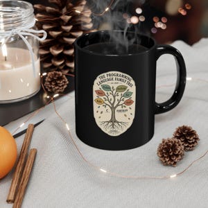 Programming Language Family Tree Mug, Funny Programmer Coffee Mug, Developer Gift, Python Rust Go Coder Black Mug, Software Engineer Gift
