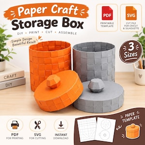 May include: A digital download for a paper craft storage box featuring orange and gray woven-style cylindrical containers with lids. The image displays text including Paper Craft Storage Box, 3 Sizes, PDF, and SVG, along with template diagrams.