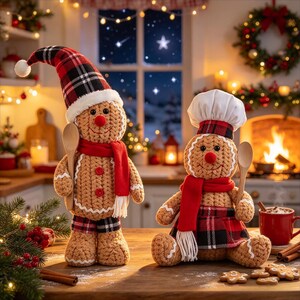 May include: Two crocheted gingerbread figures, one standing and one sitting, both wearing red scarves and plaid accents. The standing figure wears a tall plaid hat, while the sitting figure wears a white chef hat. Each holds a wooden spoon.