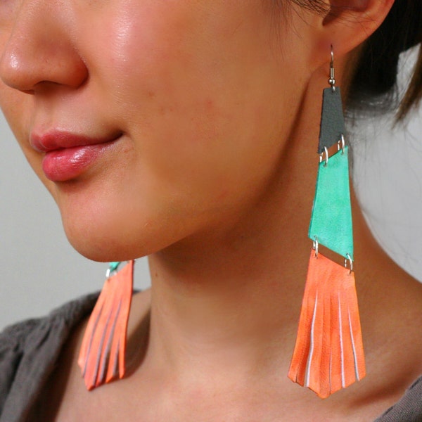 LAST ONE SALE Coral Mint Colorblock leather- long fringed handpainted abstract geometric upcycled leather earrings