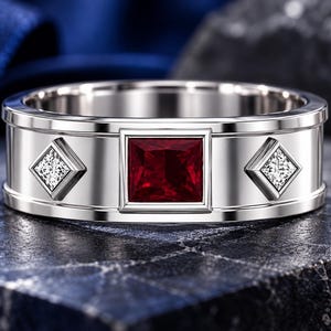 May include: A polished silver-toned band ring featuring a central square-cut deep red gemstone flanked by two smaller square-cut clear white gemstones, all set within a smooth, wide metal band with raised edges and a reflective metallic finish.
