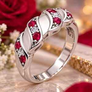 May include: A silver-toned ring featuring a series of alternating round-cut red rubies and clear white diamonds set within a polished metal band. The design incorporates smooth, curved metal segments that separate the gemstone clusters.