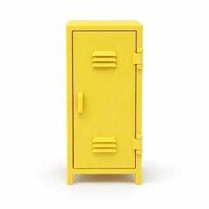 May include: A bright yellow miniature locker featuring a single door with a vertical handle and two sets of horizontal ventilation slats at the top and bottom. The unit stands on four short legs and includes visible hinges on the right side.