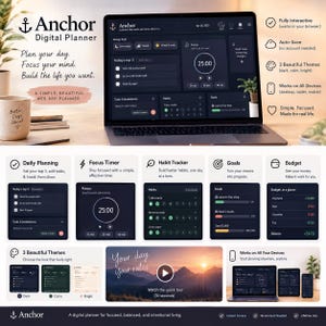 Pode incluir: Uma aplicação web de planeamento digital exibida num ecrã de portátil, com uma interface escura que inclui módulos para tarefas diárias, temporizadores de foco, rastreio de hábitos, objetivos e gestão de orçamento. Inclui ícones e textos.
