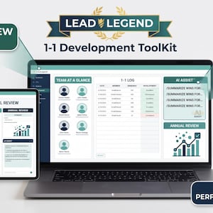 May include: A Lead Legend 1-1 Development ToolKit software interface displayed on a laptop and tablet screen. The dashboard features a 1-1 log, team overview, and AI Assist panel. Text includes Annual Review Ready, AI Assist Built-In, and Start Your Performance Reviews.