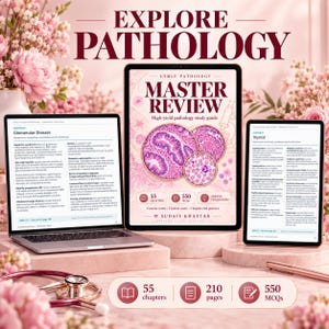 May include: A laptop and tablet displaying pathology study notes alongside a central tablet showing the book cover titled USMLE PATHOLOGY MASTER REVIEW High-yield pathology study guide by M Sudais Khattak, with a stethoscope and floral accents.