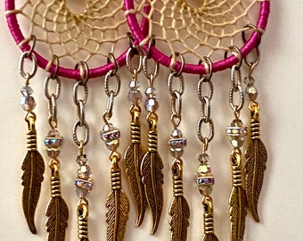 Pink and Tan Dream Catcher Earrings