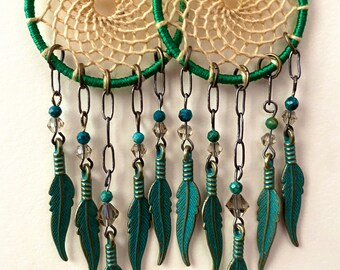 Green and Tan Dream Catcher Earrings