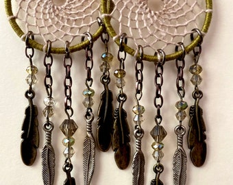 Olive Green and Beige Dream Catcher Earrings
