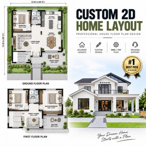 May include: A custom 2D home layout design featuring ground and first floor plans with dimensions in feet, including a kitchen, living room, bedrooms, and bathrooms. The graphic displays a white two-story house rendering and a gold #1 Best Pick badge.