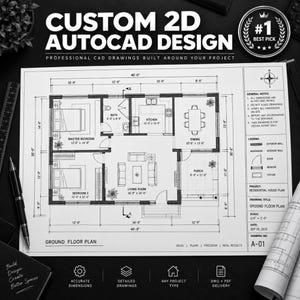 May include: A black and white architectural floor plan titled CUSTOM 2D AUTOCAD DESIGN, featuring a residential layout with a master bedroom, second bedroom, kitchen, dining area, living room, and porch, complete with dimensions in feet and inches.