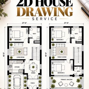 May include: A custom 2D house drawing service display featuring a ground floor plan and a first floor plan, each measuring 27 feet by 40 feet. The architectural layout includes labeled rooms like bedrooms, bathrooms, a living room, kitchen, and porch.