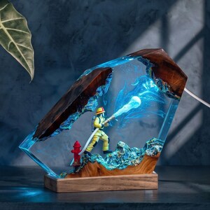 Firefighter Resin Night Light, Hero Fireman Epoxy Lamp, Emergency First Responder Desk Decor, Angular Resin Lamp, Gift for Firefighter
