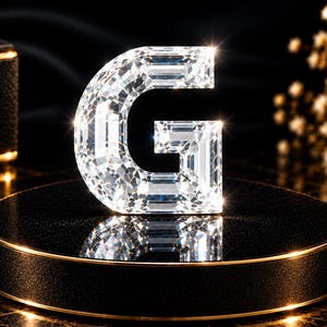 Può includere: Una grande lettera G formata da diamanti trasparenti a taglio brillante. La lettera è posizionata su un espositore circolare nero con bordo dorato. Sopra la lettera, il testo VRAJVANIGEMS JEWELLERY è visualizzato in carattere bianco.