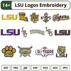 Pode incluir: Uma coleção de mais de 14 designs de bordado da LSU com vários logotipos da equipe, incluindo o texto LSU, um mascote de tigre, uma flor-de-lis, uma pegada e emblemas de campeonato em roxo e dourado. Formatos: DST, PES, JEF, EXP, HUS, XXX e VP3.