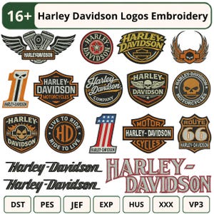 Könnte beinhalten: Eine Sammlung von über 16 Harley Davidson Stickmustern mit verschiedenen Logos, Emblemen und Texten. Die Grafiken zeigen geflügelte Motoren, Totenköpfe, Schilde, die Zahl Eins und Route 66-Schilder in Orange, Schwarz und Weiß. Dateiformate sind gelistet.