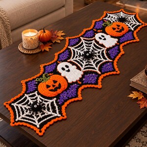 Crochet Halloween Table Runner Pattern, Spiderweb Pumpkin Ghost Decor