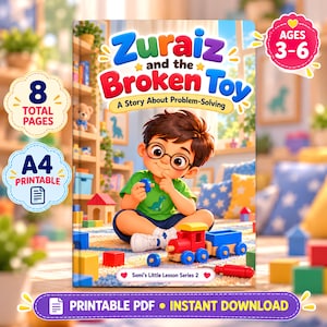 Könnte beinhalten: Ein Kinderbuch mit dem Titel Zuraiz and the Broken Toy, A Story About Problem-Solving, das einen Zeichentrickjungen mit Brille in einem grünen T-Shirt zeigt, der mit einem roten und blauen Spielzeugzug spielt. Text: 8 Total Pages, A4 Printable, Ages 3-6, Sami's Little Lesson Series 2, Printable PDF, Instant Download.