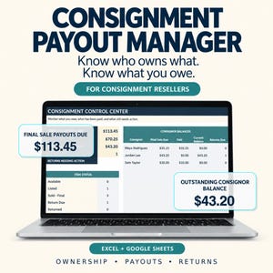 May include: A laptop displaying the Consignment Payout Manager software interface. The screen shows tables for Consignor Balances and Item Status, with text overlays highlighting Final Sale Payouts Due of $113.45 and Outstanding Consignor Balance of $43.20.