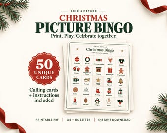 Puede incluir: Un juego de bingo de imágenes navideñas con 50 tarjetas únicas, tarjetas de llamada e instrucciones. El PDF imprimible incluye una cuadrícula con iconos festivos como adornos, renos y hombres de jengibre, en tamaños A4 y carta.