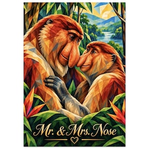 May include: A geometric art print featuring two proboscis monkeys with large noses in a lush jungle setting with a river in the background. The text Mr. & Mrs. Nose is written in gold cursive at the bottom with a small heart icon below the text.