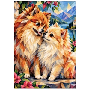 Pode incluir: Uma vibrante impressão de arte digital apresentando dois cães Pomerânia fofos com pelagem castanho-dourada, renderizados em um estilo geométrico e facetado. Os cães estão posicionados juntos contra um fundo de montanhas azuis, um lago e flores rosas.