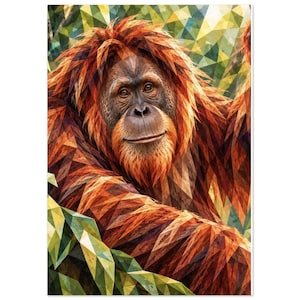 Op de afbeelding: Een digitale kunstdruk van een orang-oetan in geometrische low-poly stijl met levendig oranje en bruin haar. De primaat is afgebeeld met een gedetailleerd gezicht en expressieve ogen, tegen een achtergrond van hoekige groene en gele bladvormen.