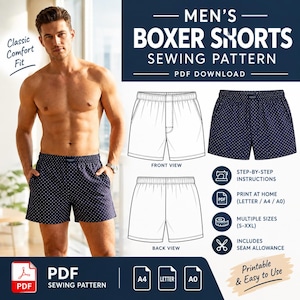 May include: A digital sewing pattern for boxer shorts featuring text that reads BOXER SHORTS SEWING PATTERN PDF DOWNLOAD. The image displays a technical line drawing of the front and back views, alongside a finished pair of navy blue boxer shorts with a white polka dot pattern.