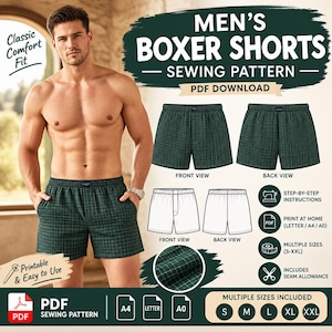 May include: A sewing pattern for boxer shorts featuring text that reads Men's Boxer Shorts Sewing Pattern PDF Download. The image displays a pair of green plaid boxer shorts, technical line drawings, and icons for instructions, PDF format, and sizes S-XXL.