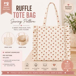 May include: A digital sewing pattern for a ruffle tote bag featuring a cream-colored fabric with a small red strawberry print. The pattern includes a front view, an inside view, and text detailing PDF file formats, step-by-step instructions, and printable A4, US Letter, and A0 sizes.