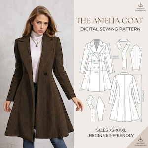 May include: The Amelia Coat digital sewing pattern features a dark brown textured coat with a notched lapel and double-breasted button closure. The graphic displays technical line drawings of the coat pattern pieces, including bust, waist, hip, and sleeve length measurements, with text indicating sizes XS-XXXL and beginner-friendly instructions.