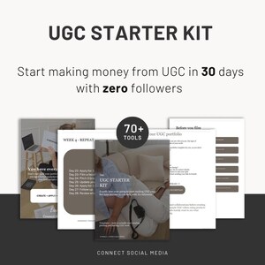 May include: A digital UGC Starter Kit guide featuring the text UGC STARTER KIT, Start making money from UGC in 30 days with zero followers, and 70+ TOOLS. The kit includes multiple document pages with text, lists, and images of a person working.