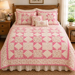 Puede incluir: Un juego de colcha con un patrón de estrellas rosa y blanco y detalles de tela floral. El juego incluye una colcha grande, dos fundas de almohada a juego, un cojín cuadrado y un cojín rectangular, todo sobre una cama con un volante blanco.