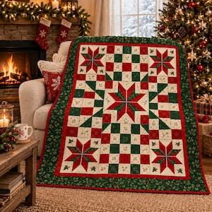 May include: A patchwork quilt featuring a central star pattern surrounded by smaller star motifs and a checkerboard design in red, green, and cream. The quilt is bordered by a dark green fabric with a holly leaf and berry print pattern.