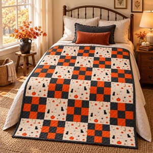 Halloween Quilt Pattern PDF, Beginner Nine Patch Throw, 60x72 Patchwork, Pumpkin Patch